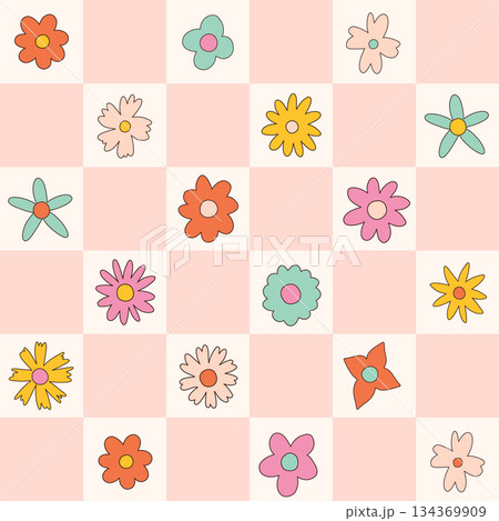Floral pattern in the style of the 70s with groovy daisy flowers. Retro floral naive vector design. Style of the 60s, 70s, 80s Floral pattern in the style of the 70s with groovy daisy flowers. Retro floral naive vector design. Style of the 60s, 70s, 80s 134369909