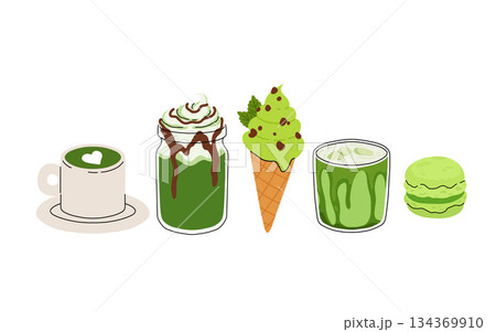 Matcha tea, latte, iced matcha. Vector set with japanese matcha desserts. Collection with mochi, cake and roll cake, pancakes, macaron, soft serve ice cream, matcha tart and cupcake with strawberry. Matcha tea, latte, iced matcha. Vector set with japanese matcha desserts. Collection with mochi, cake and roll cake, pancakes, macaron, soft serve ice cream, matcha tart and cupcake with strawberry. 134369910