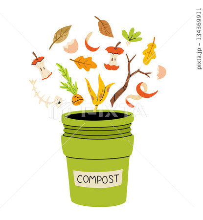 Cartoon flat icon of organic composting theme. Garden tools, bag of compost, ground, food garbage. Illustration of bio, organic fertilizer, compost bin and box, agronomy. Cartoon flat icon of organic composting theme. Garden tools, bag of compost, ground, food garbage. Illustration of bio, organic fertilizer, compost bin and box, agronomy. 134369911
