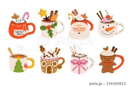 Christmas hot drink set. Flat cartoon different beverages. Holiday cute mugs hot cocoa, coffee, milk, cream and mulled wine. New year drinks decorated holly and candy. Isolated vector illustration 134369913