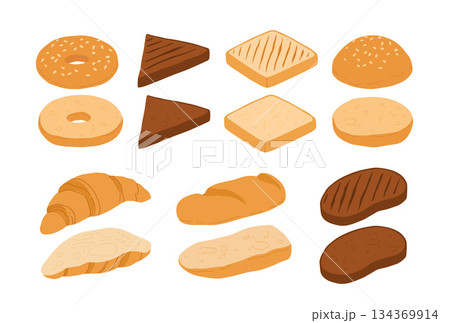 Cartoon sliced bread. cut baguette, croissant, bagel, toast, french bakery products with slices, fresh baked dough food, sliced toasts. Vector bakery set. 134369914
