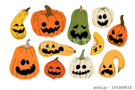 Jack-O-Lantern. Halloween pumpkins with faces vector element set. October holiday symbol. Creepy, smiling, fun carved pumpkin heads. 134369918