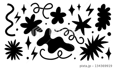 Abstract cloud and flower shapes sticker pack. Groovy funky flower, bubble, star, loop, waves in trendy retro 90s 00s cartoon style. Vector illustration with wavy and spiral elements. 134369919