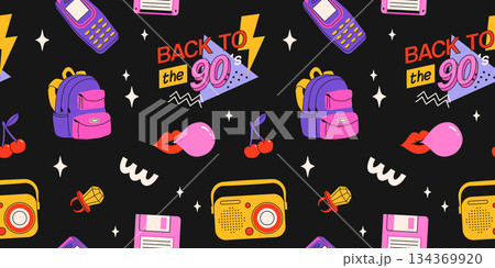 Classic 80s back to 90s elements in modern flat style. Hand drawn sticker set, vector seamless pattern. Fashion patch, badge, emblem with vintage accessories. 134369920