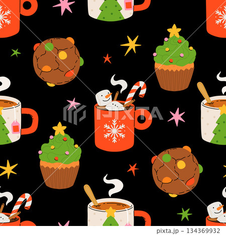 Seamless Christmas pattern with cacao drink, ginger cookie, present and lollipop. Vector illustration for textile, postcard, wrapping paper, poster, background, book, t-shirt. Seamless Christmas pattern with cacao drink, ginger cookie, present and lollipop. Vector illustration for textile, postcard, wrapping paper, poster, background, book, t-shirt. 134369932