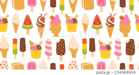 Ice cream seamless pattern. Yummy street food, confectionery snacks. Cone waffle with filling, icecream balls in cup, ice-cream in cone. Flat vector cartoon background isolated on white background 134369934