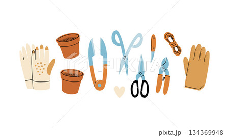 Set of gardening items in hand drawn cartoon style. Various agricultural and garden tools for spring work. Garden gloves, pots, scissors, rope and knife. Vector clip art illustration. Set of gardening items in hand drawn cartoon style. Various agricultural and garden tools for spring work. Garden gloves, pots, scissors, rope and knife. Vector clip art illustration. 134369948