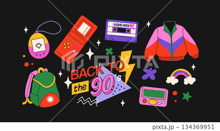 Classic 80s back to 90s elements in modern flat style. Hand drawn sticker set, vector illustration. Fashion patch, badge, emblem with vintage accessories. Classic 80s back to 90s elements in modern flat style. Hand drawn sticker set, vector illustration. Fashion patch, badge, emblem with vintage accessories. 134369951