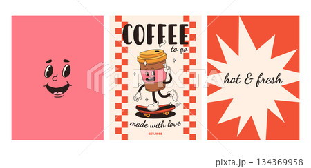 Set of fast food posters. Retro groovy cards with street food characters. Brochure with funky groovy burger, french fries, soda, ice cream, donut, pie, coffee to go, sandwich. Fast food delivery Set of fast food posters. Retro groovy cards with street food characters. Brochure with funky groovy burger, french fries, soda, ice cream, donut, pie, coffee to go, sandwich. Fast food delivery 134369958