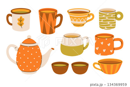 Set of various tea cups and teapot. Cute autumn dishes different shapes and ornaments. Hand drawn color vector illustration isolated on white background. Modern flat cartoon style. Set of various tea cups and teapot. Cute autumn dishes different shapes and ornaments. Hand drawn color vector illustration isolated on white background. Modern flat cartoon style. 134369959