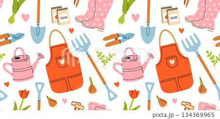 Various garden items. Gardening Tools. Gloves with seedling, flower pot, tulip, shears, scissors, shovel, rubber boots, watering can, seeds. Hand drawn Vector seamless Pattern. Horticulture concept 134369965