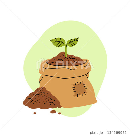 Cartoon flat icon of organic composting theme. Garden tools, bag of compost, ground, food garbage. Illustration of bio, organic fertilizer, compost bin and box, agronomy. 134369983