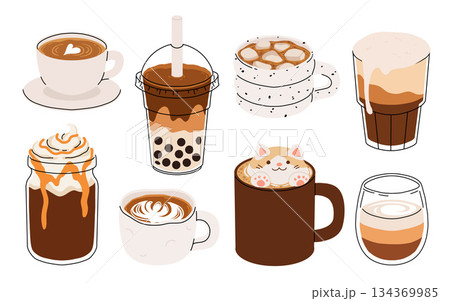 Set of Coffee Cups with Latte Art Patterns Front View. Cute rabbit, Flower and Heart foam shapes. Cafe Bar or Coffee House Graphics. Vector Illustration, Icons 134369985