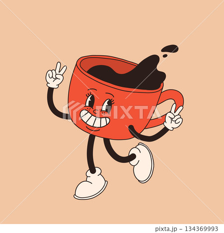 Retro cartoon coffee cup character. Mug mascot in different poses. 60s 70s 80s groovy contour vector illustration. Espresso black coffee cup. Retro cartoon coffee cup character. Mug mascot in different poses. 60s 70s 80s groovy contour vector illustration. Espresso black coffee cup. 134369993