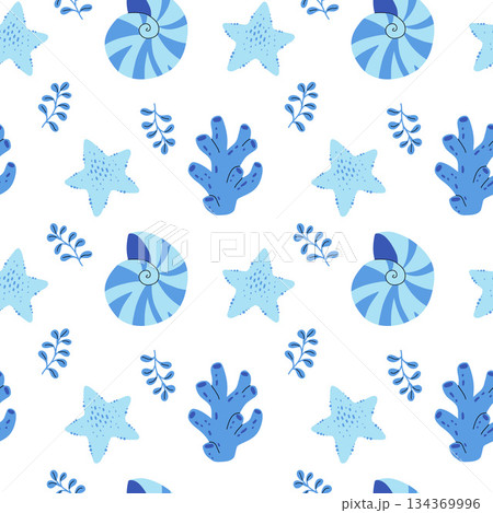 Beautiful coral reefs. Natural seamless pattern with undersea flora and fauna, sea or ocean life. Undersea backdrop with coral, algae, starfish, shells. Flat vector illustration 134369996
