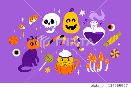 Cute kids Halloween set. Happy pumpkin, zombie hand, cute ghost, skull cupcake candy and witch potion. October holiday stickers, design elements bundle. Isolated flat vector illustrations Cute kids Halloween set. Happy pumpkin, zombie hand, cute ghost, skull cupcake candy and witch potion. October holiday stickers, design elements bundle. Isolated flat vector illustrations 134369997