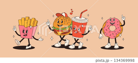 Set of fast food retro groovy cartoon character. Vintage mascot of burger, pizza, hot dog, ice cream, french fries, coffee to go, donut and soda with happy smile. Funky street food illustration Set of fast food retro groovy cartoon character. Vintage mascot of burger, pizza, hot dog, ice cream, french fries, coffee to go, donut and soda with happy smile. Funky street food illustration 134369998