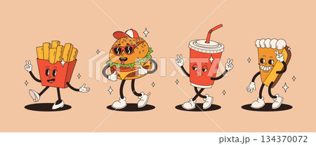 Set of fast food retro groovy cartoon character. Vintage mascot of burger, pizza, hot dog, ice cream, french fries, coffee to go, donut and soda with happy smile. Funky street food illustration 134370072