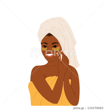 Woman applying cleansing and moisturizing face skincare products at home. Everyday skin care routine with cleanser and moisturizer. Colored flat graphic vector illustration isolated on white 134370083