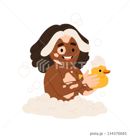 Cartoon african american girl with vitiligo takes a bath. Happy child sits in bathtub with soap bubbles and rubber duck. Cute character in bathroom isolated on white background. 134370085