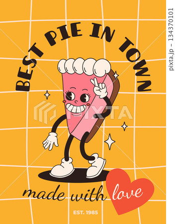Cartoon fast food poster. Retro groovy cards with mascot food characters. Brochure design with quote text for cafe. Banner with funky groovy burger, french fries, soda, ice cream. Fast food delivery Cartoon fast food poster. Retro groovy cards with mascot food characters. Brochure design with quote text for cafe. Banner with funky groovy burger, french fries, soda, ice cream. Fast food delivery 134370101