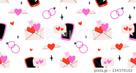 Valentines day elements vector seamless pattern. Gifts, envelope, heart, dessert, messages, candies, locks and other traditional decorations. Cartoon doodle style. 134370102