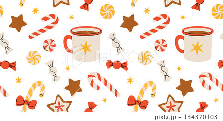 Christmas seamless pattern with candy canes, hot cup of tea, star ginger cookies, round candy. Background for wrapping paper, fabric print, greeting cards. Winter Holiday design. Christmas seamless pattern with candy canes, hot cup of tea, star ginger cookies, round candy. Background for wrapping paper, fabric print, greeting cards. Winter Holiday design. 134370103