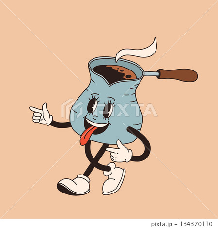 Retro cartoon coffee cup character. Mug mascot in different poses. 60s 70s 80s groovy contour vector illustration. Espresso black coffee cup. 134370110