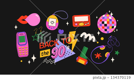 Classic 80s back to 90s elements in modern flat style. Hand drawn sticker set, vector illustration. Fashion patch, badge, emblem with vintage accessories. 134370119