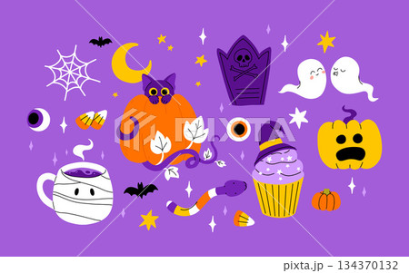 Cute kids Halloween set. Happy pumpkin, zombie hand, cute ghost, skull cupcake candy and witch potion. October holiday stickers, design elements bundle. Isolated flat vector illustrations Cute kids Halloween set. Happy pumpkin, zombie hand, cute ghost, skull cupcake candy and witch potion. October holiday stickers, design elements bundle. Isolated flat vector illustrations 134370132