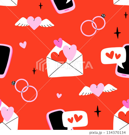Valentines day elements vector seamless pattern. Gifts, envelope, heart, dessert, messages, candies, locks and other traditional decorations. Cartoon doodle style. 134370134
