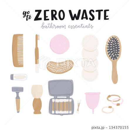 Zero waste set of bathroom essentials with display lettering. Kit of flat style eco brushes, cotton swabs, hair pick, safety razor, solid shampoo bar. Vector illustration for online shop, store, site Zero waste set of bathroom essentials with display lettering. Kit of flat style eco brushes, cotton swabs, hair pick, safety razor, solid shampoo bar. Vector illustration for online shop, store, site 134370155