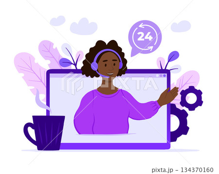 Concept customer and operator, online technical support 24-7 for web page. Vector illustration african american female hotline operator advises client. Online assistant, virtual help service. Concept customer and operator, online technical support 24-7 for web page. Vector illustration african american female hotline operator advises client. Online assistant, virtual help service. 134370160