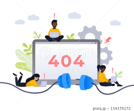 404 error page design concept. Empty screen with error, connection fail. Small african people repair the site with a problem. Trendy flat vector style. 134370172