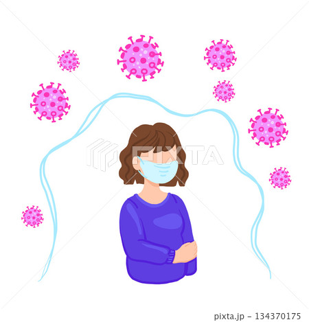 COVID-19 Wuhan Novel coronavirus 2019-nCoV, woman in shirt with blue medical face mask. Concept of coronavirus quarantine 134370175