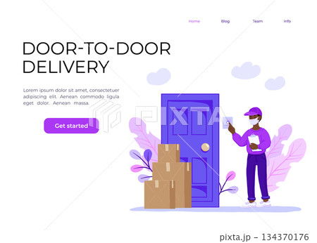 Coronavirus. Novel virus 2019-nCoV. Delivery of food. A young african american courier delivers the food ordered online to the door. Online shopping. coronavirus quarantine vector illustration Coronavirus. Novel virus 2019-nCoV. Delivery of food. A young african american courier delivers the food ordered online to the door. Online shopping. coronavirus quarantine vector illustration 134370176