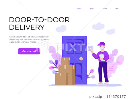 Coronavirus. Novel virus 2019-nCoV. Delivery of food. A young courier delivers the food ordered online to the door. Online shopping. coronavirus quarantine vector illustration Coronavirus. Novel virus 2019-nCoV. Delivery of food. A young courier delivers the food ordered online to the door. Online shopping. coronavirus quarantine vector illustration 134370177