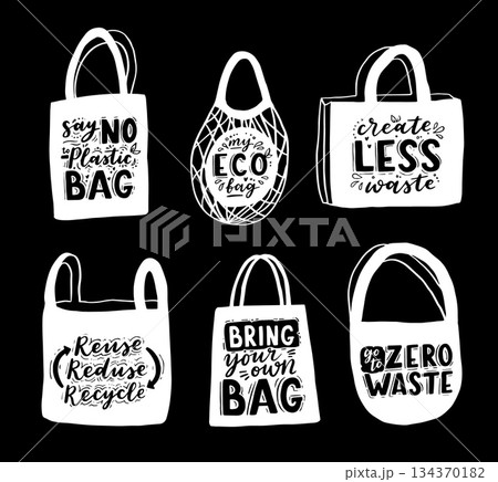 Tote bag with hand drawn lettering. Plastic Free Future and set of produce bags for shopping, storage. Flat style vector illustration for eco store, organic food shop, local market banner, vegan site 134370182