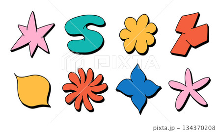 Flower and star shapes geometric abstract sticker pack in trendy retro 90s 00s cartoon style. star, wave, blob, bubble, funky flower, Groovy elements Vector illustration. Flower and star shapes geometric abstract sticker pack in trendy retro 90s 00s cartoon style. star, wave, blob, bubble, funky flower, Groovy elements Vector illustration. 134370208