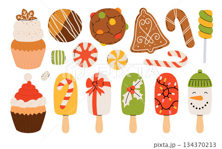 Set of sweets Various sweets, marshmallows, lollipops, cupcakes, candies for Thanksgiving and Christmas holidays. Confectionery, sweets and desserts Vector illustration on white Set of sweets Various sweets, marshmallows, lollipops, cupcakes, candies for Thanksgiving and Christmas holidays. Confectionery, sweets and desserts Vector illustration on white 134370213