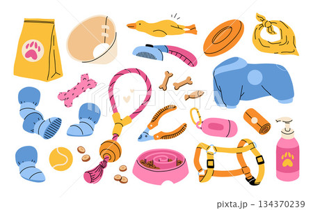 Dog accessories and toys supply set for puppy shop. Veterinary food product and care goods, dog clothes and beds. vector illustration isolated on white background 134370239