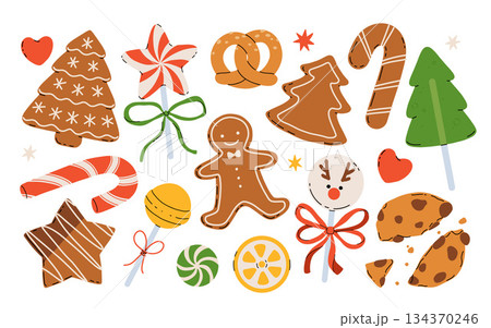 Colorful Christmas sweets set - hard candy, gingerbread cookies, candy canes, lollipop. Flat cartoon vector illustration. Colorful Christmas sweets set - hard candy, gingerbread cookies, candy canes, lollipop. Flat cartoon vector illustration. 134370246