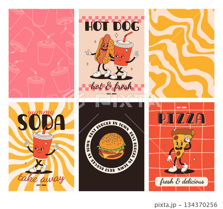 Set of fast food posters. Retro groovy cards with street food characters. Brochure with funky groovy burger, french fries, soda, ice cream, donut, pie, coffee to go, sandwich. Fast food delivery Set of fast food posters. Retro groovy cards with street food characters. Brochure with funky groovy burger, french fries, soda, ice cream, donut, pie, coffee to go, sandwich. Fast food delivery 134370256