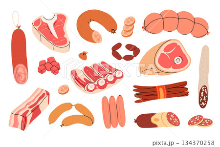 Set of meat products ingredients for BBQ, sausages, meat, steaks, chicken legs. Cartoon flat doodle design of pieces of meat. Raw and fried meat kebab set Set of meat products ingredients for BBQ, sausages, meat, steaks, chicken legs. Cartoon flat doodle design of pieces of meat. Raw and fried meat kebab set 134370258