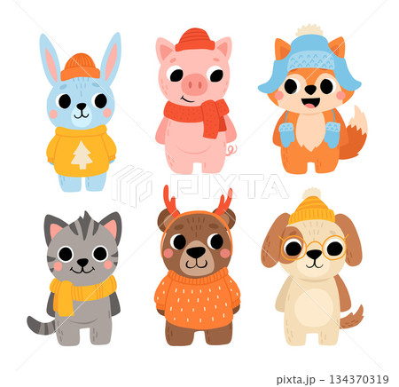 Cute wild and domestic animals set in winter clothes, including brown bear, cat, dog, pig, fox, and rabbit. Cartoon kids illustration with hats and sweaters. Cute wild and domestic animals set in winter clothes, including brown bear, cat, dog, pig, fox, and rabbit. Cartoon kids illustration with hats and sweaters. 134370319