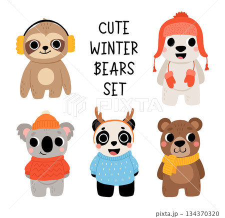 Cute bear set. Panda, koala, grizzly, polar, sloth in sweater and hat, scarf and mittens. Kawaii cartoon character. Baby greeting card template. Notebook cover, tshirt. Cute bear set. Panda, koala, grizzly, polar, sloth in sweater and hat, scarf and mittens. Kawaii cartoon character. Baby greeting card template. Notebook cover, tshirt. 134370320