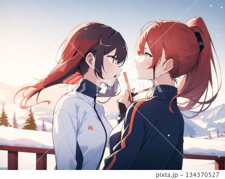 冬景色の中で向かい合う二人 134370527