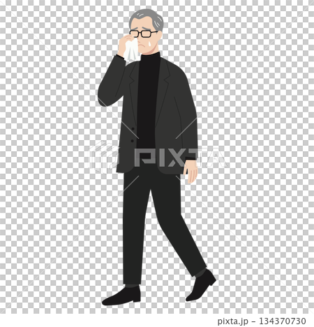 Illustration of a senior businessman walking while wiping away tears of sadness or emotion 134370730