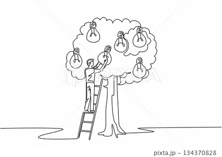 Continuous one line drawing a man climbs ladder into tree to get lightbulb and sack containing many lightbulbs. Try solve problem. National Creativity Day. Single line draw design vector illustration 134370828
