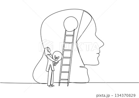 Continuous line draw of a woman holding a glowing lightbulb beside a large human head with a ladder, symbolizing imagination and ideas for National Creativity Day in a psychology and business concept Continuous line draw of a woman holding a glowing lightbulb beside a large human head with a ladder, symbolizing imagination and ideas for National Creativity Day in a psychology and business concept 134370829